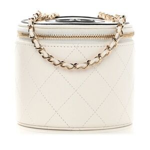 CHANEL Lambskin Quilted Round Small Vanity Case With Chain White Black with box,